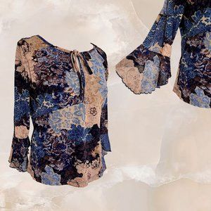 AGB BYER CALIFORNIA Blue Paisley Floral Top 3/4 Bell Sleeve Lettuce Hem Y2K Mesh
